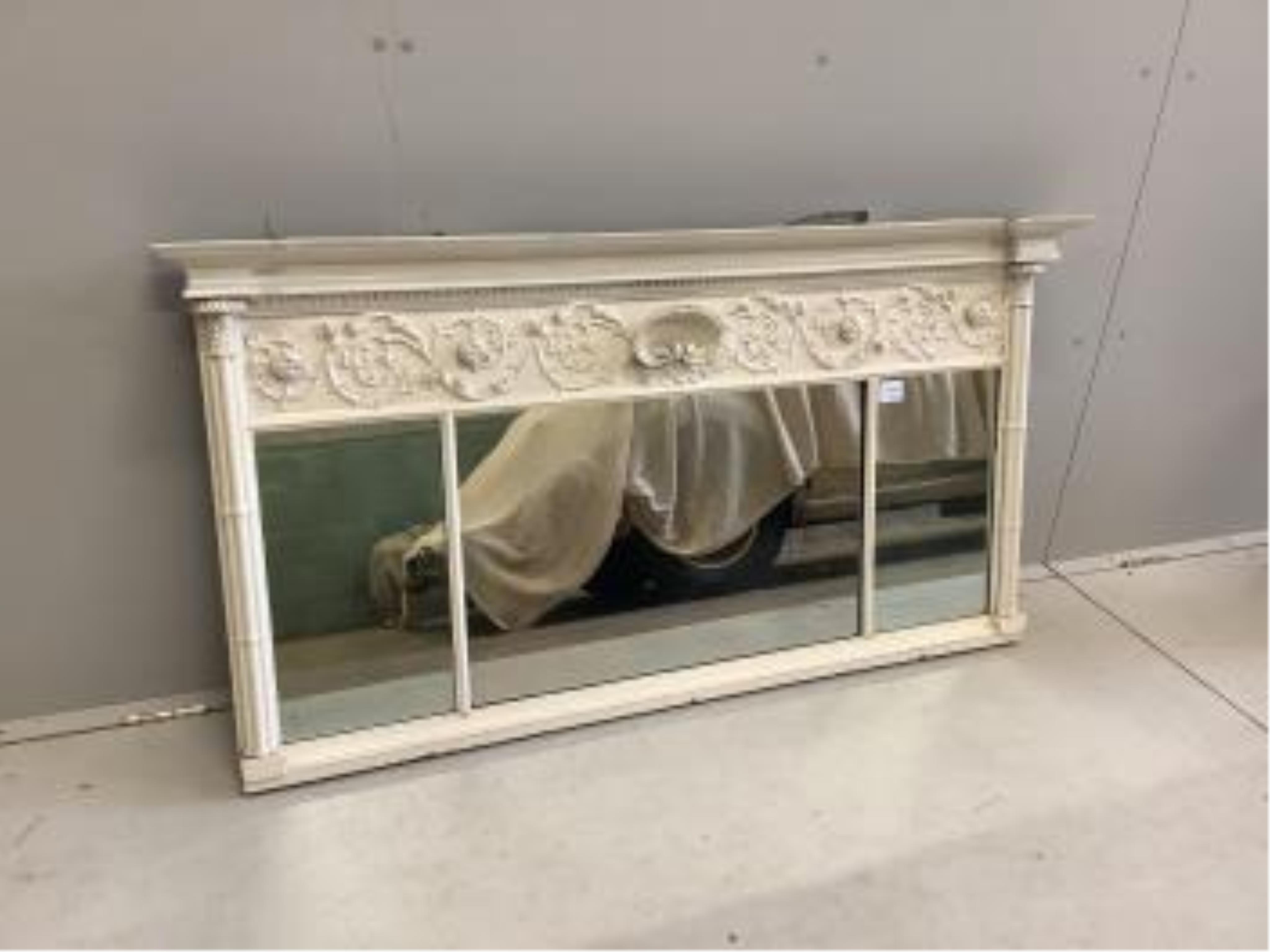 A Regency triple plate overmantel mirror, later painted, width 134cm, height 70cm. Condition - poor to fair